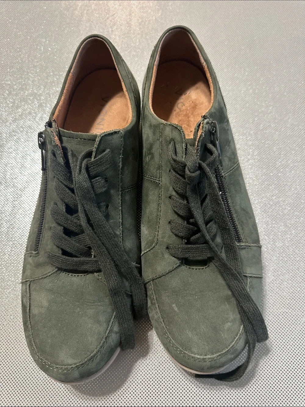 Vionic Women’s Suede Lace-Up Sneakers in Dark Green with Side Zipper